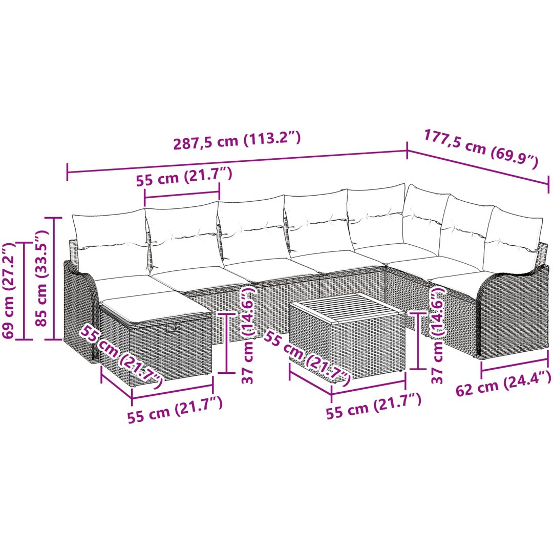 9-delars trädgårdsoff set med kuddar, beige poly rattan vidaXL Stor – bild 11