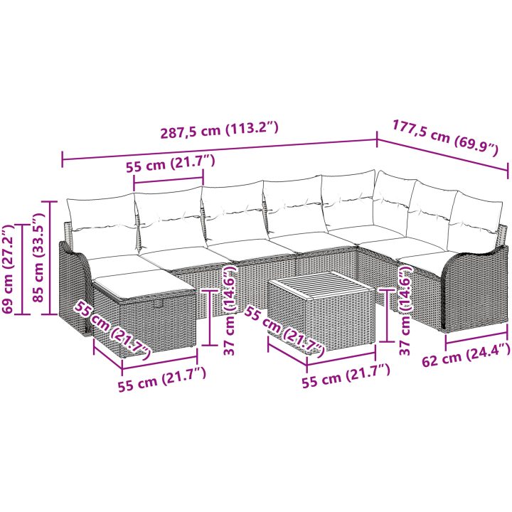 9-delars trädgårdsoff set med kuddar, beige poly rattan vidaXL Stor – bild 11