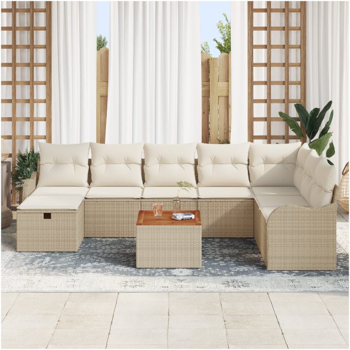 9-delars trädgårdsoff set med kuddar, beige poly rattan vidaXL Stor – bild 3