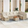 9-delars trädgårdsoff set med kuddar, beige poly rattan vidaXL Stor – miniatyr 1