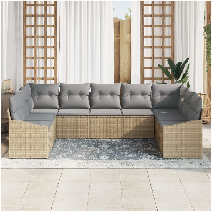 9-delars trädgårdsoff-set med kuddar Beige Poly Rottin vidaXL 289 x 178.5 x 85 cm – bild 3