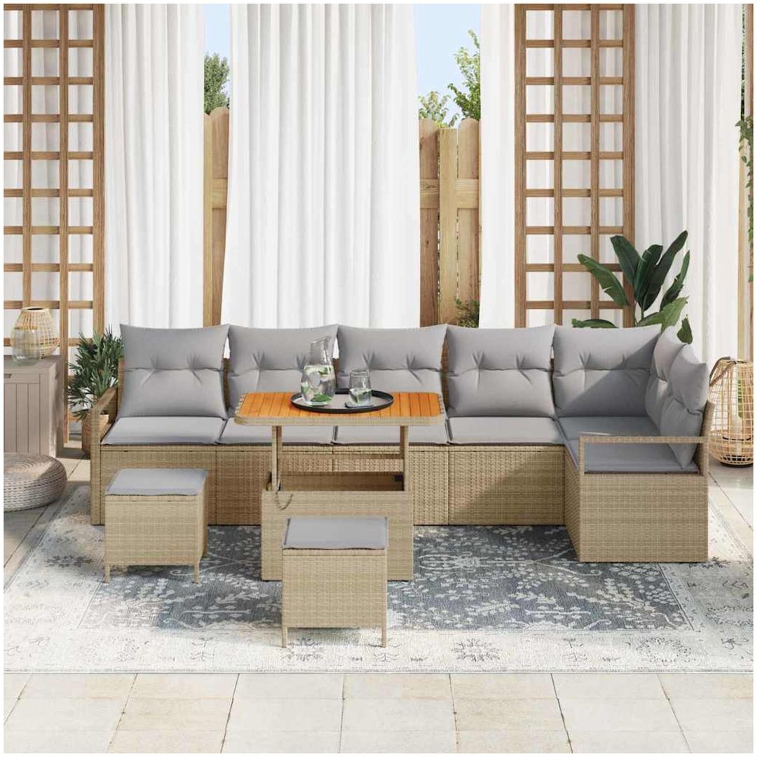 9-delars trädgårdsoff set med kuddar beige poly rotting akacia vidaXL Stor – bild 3