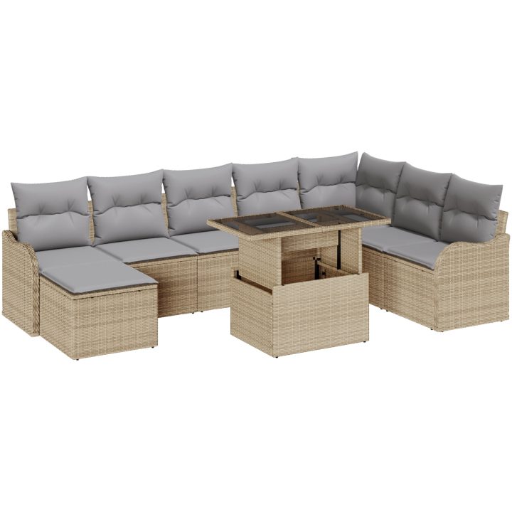 9-delars trädgårdsoff set med kuddar beige poly rotting vidaXL Stor – bild 2