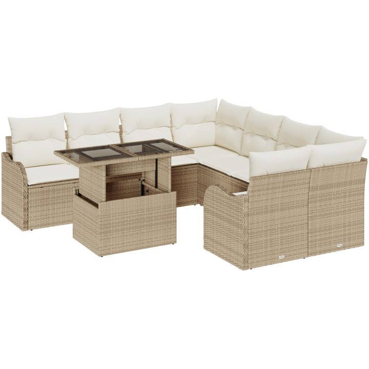 9-delars trädgårdsoff-set med kuddar Beige Polyrotting vidaXL Stor – bild 2