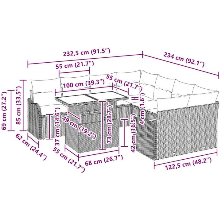 9-delars trädgårdsoff-set med kuddar Beige Polyrotting vidaXL Stor – bild 11