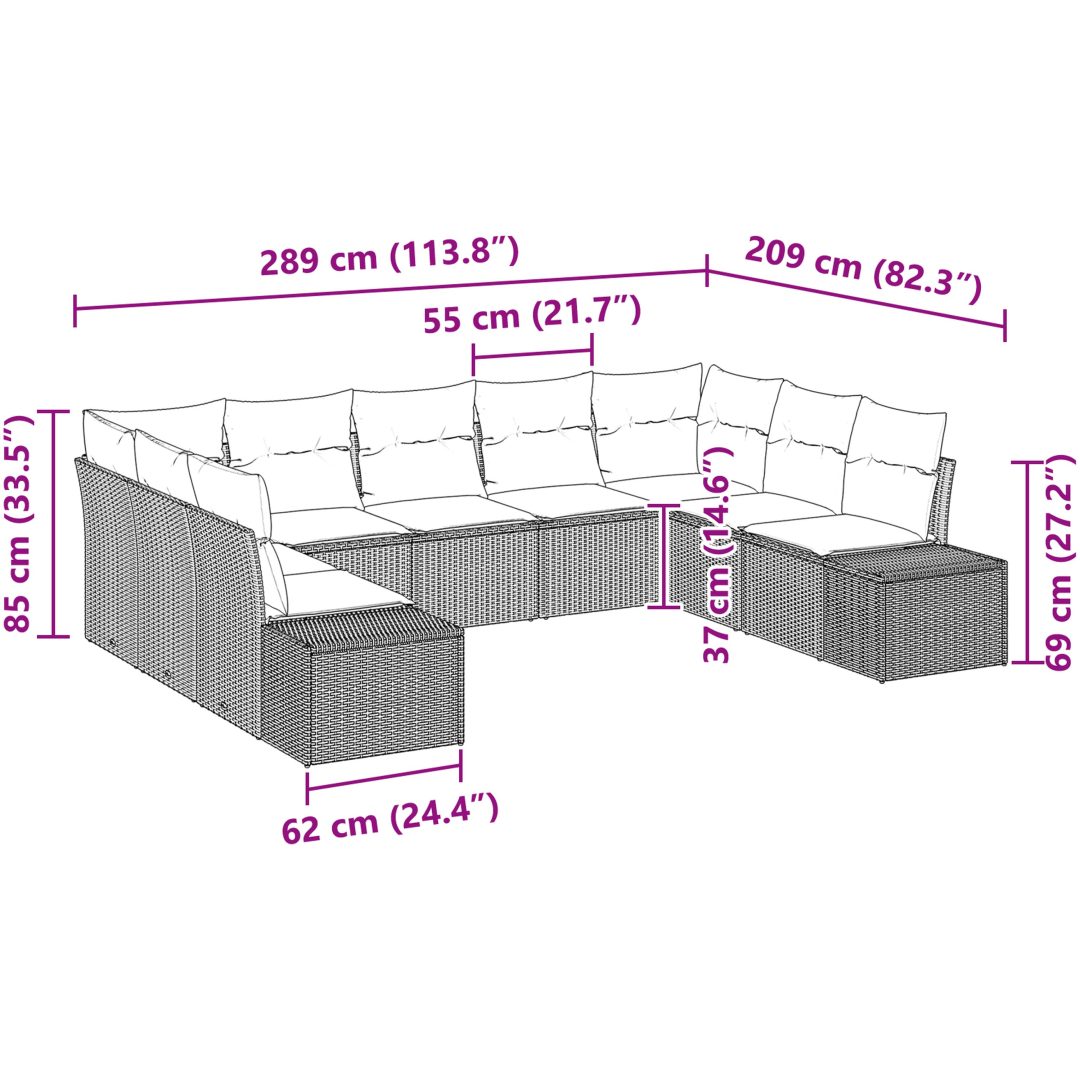 9-delars trädgårdsoff-set med kuddar Brun poly rattan vidaXL 289 x 209 x 85 cm – bild 12