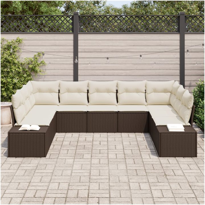 9-delars trädgårdsoff-set med kuddar Brun poly rattan vidaXL 289 x 209 x 85 cm – bild 3