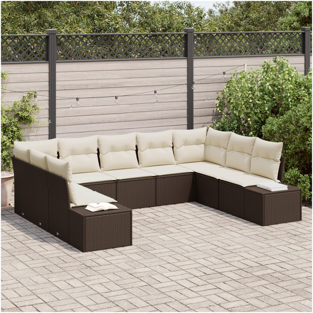 9-delars trädgårdsoff-set med kuddar Brun poly rattan vidaXL 289 x 209 x 85 cm