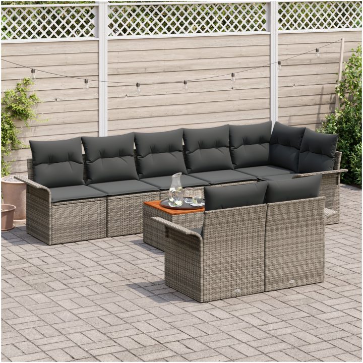 9 Delars Trädgårdsoff Set med Kuddar Grå Poly Rattan Akacia vidaXL 55 x 55 x 37 cm – bild 3