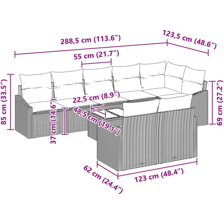 9 Delars Trädgårdsoff Set med Kuddar Grå Poly Rattan vidaXL 288.5 x 123.5 x 85 cm – bild 9