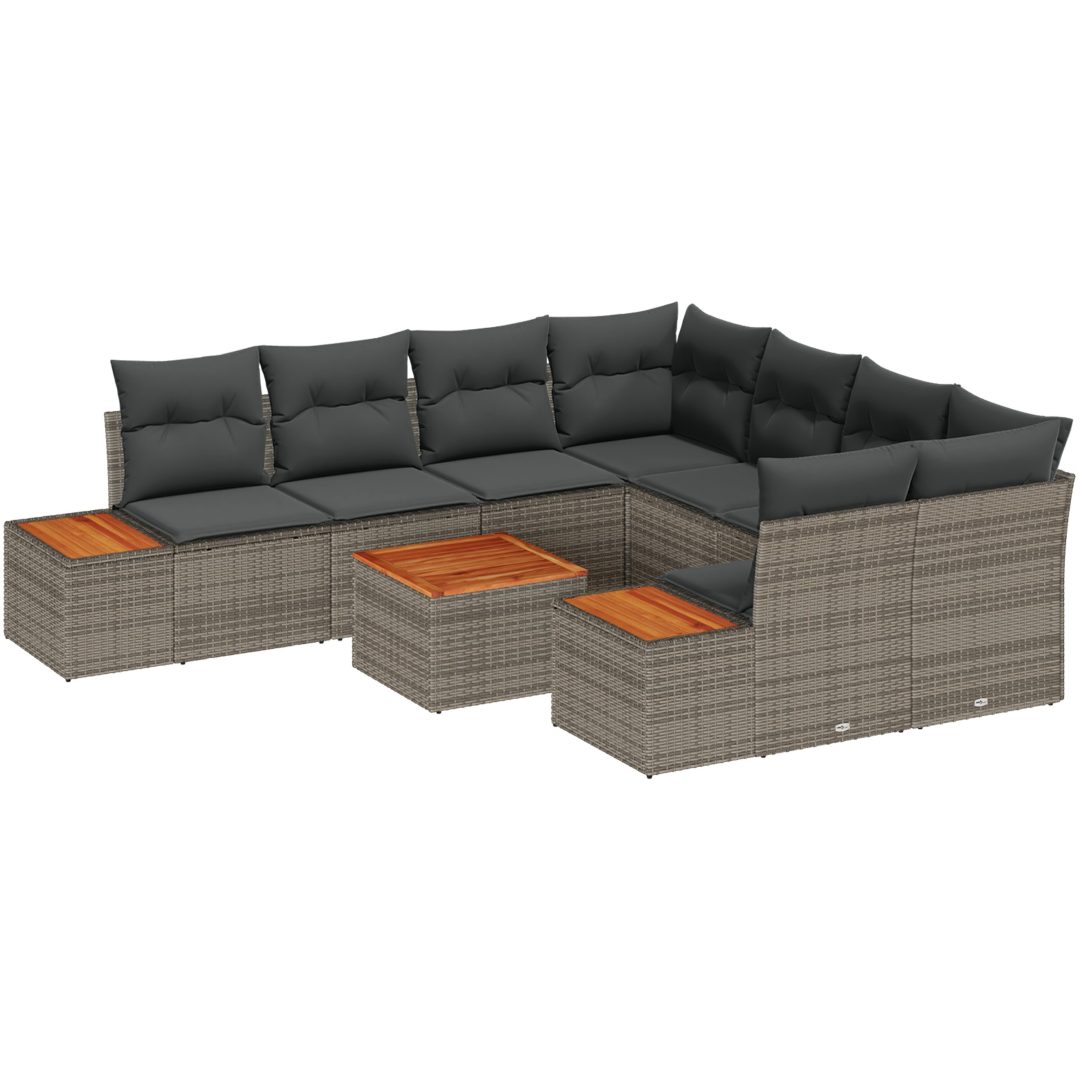 9-delars trädgårdsoff-set med kuddar grå polyrotangrain akacia vidaXL 55 x 55 x 37 cm – bild 2