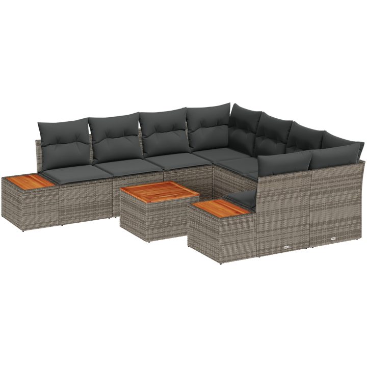 9-delars trädgårdsoff-set med kuddar grå polyrotangrain akacia vidaXL 55 x 55 x 37 cm – bild 2