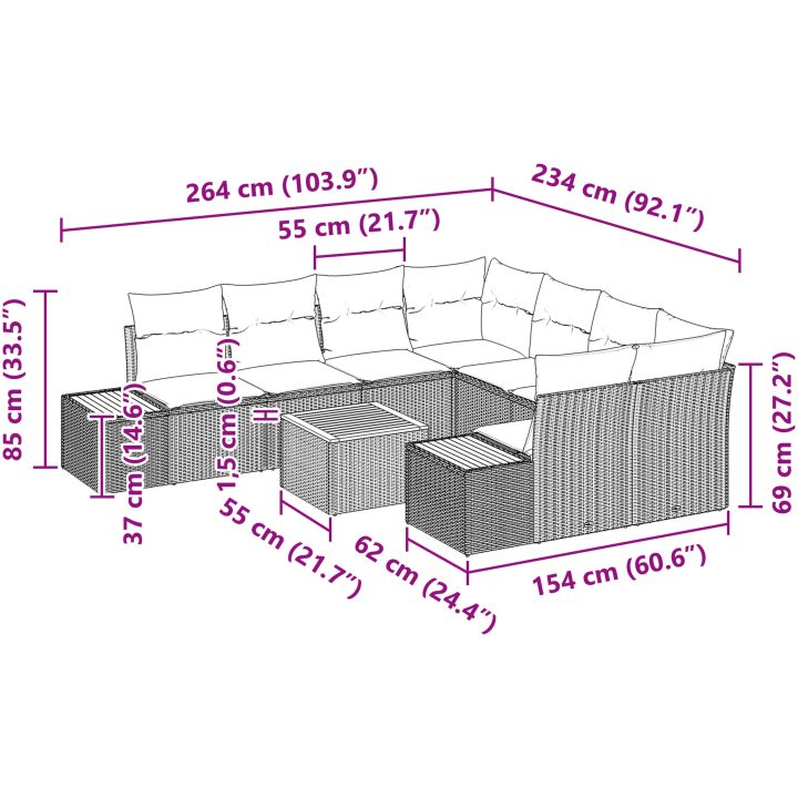 9-delars trädgårdsoff-set med kuddar grå polyrotangrain akacia vidaXL 55 x 55 x 37 cm – bild 9