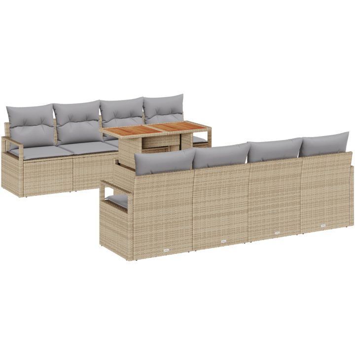9-delars trädgårdsoff-set med kuddar i beige poly rattan och akacia vidaXL Stor – bild 2