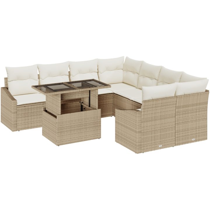 9-delars trädgårdsoff-set med kuddar i beige poly rattan vidaXL 100 x 55 x 73 cm – bild 2