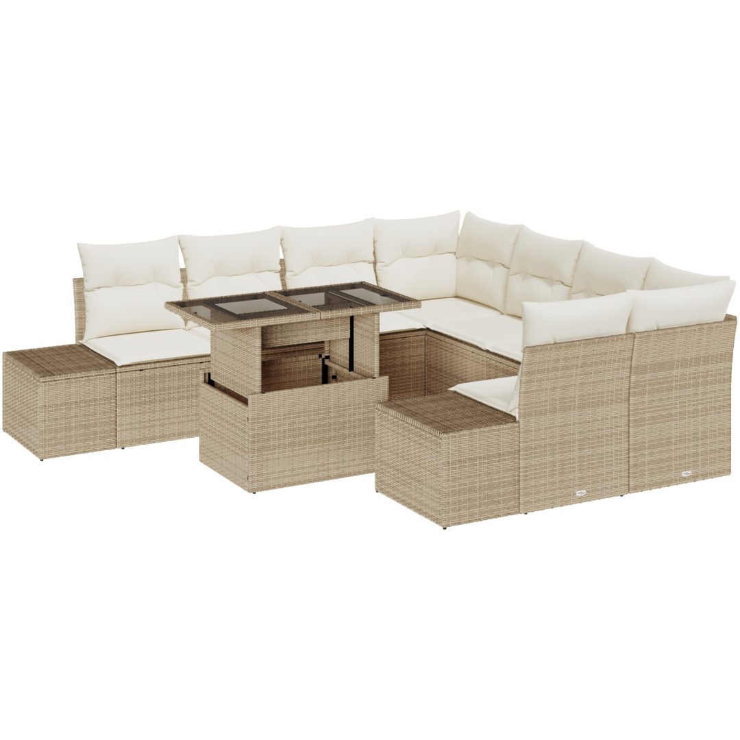 9-delars trädgårdsoff set med kuddar i beige poly rattan vidaXL 100 x 55 x 73 cm – bild 2
