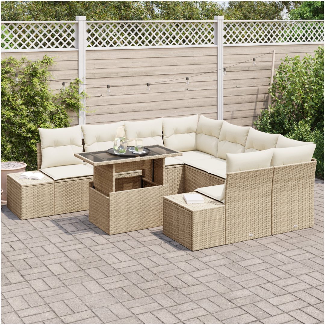 9-delars trädgårdsoff set med kuddar i beige poly rattan vidaXL 100 x 55 x 73 cm – bild 3
