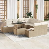 9-delars trädgårdsoff set med kuddar i beige poly rattan vidaXL