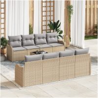 9-delars trädgårdsoff-set med kuddar i beige poly rattan vidaXL
