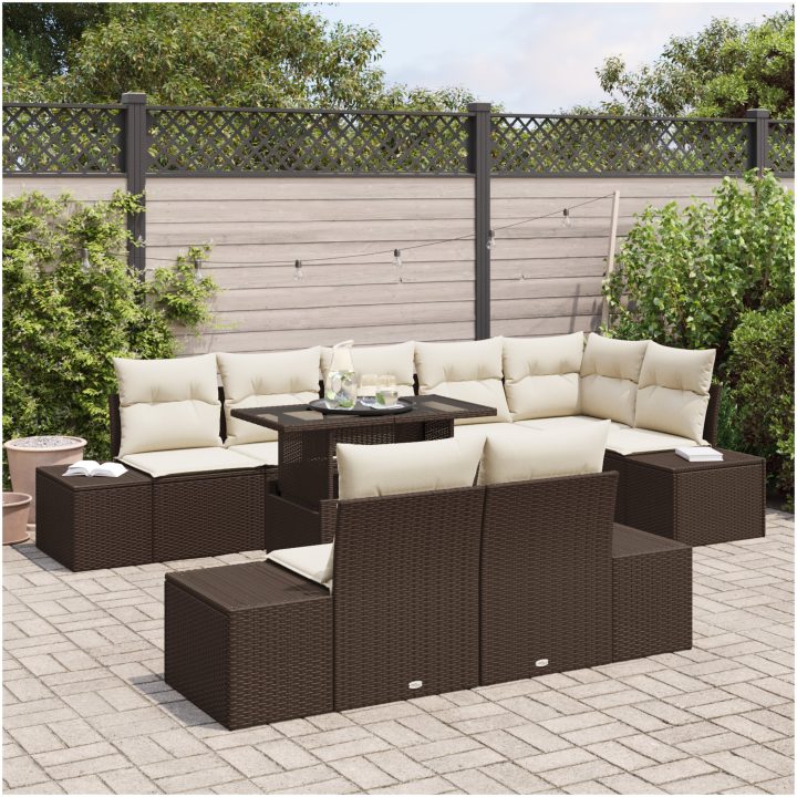 9-delars trädgårdsoff-set med kuddar i brun poly-rattan vidaXL 100 x 55 x 73 cm – bild 3