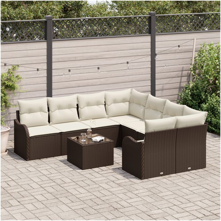 9-delars trädgårdsoff-set med kuddar i brun poly rattan vidaXL Stor – bild 3