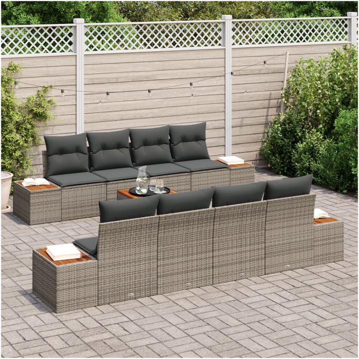 9-delars trädgårdsoff-set med kuddar i grå poly-rattan och akacia vidaXL 55 x 55 x 37 cm – bild 3