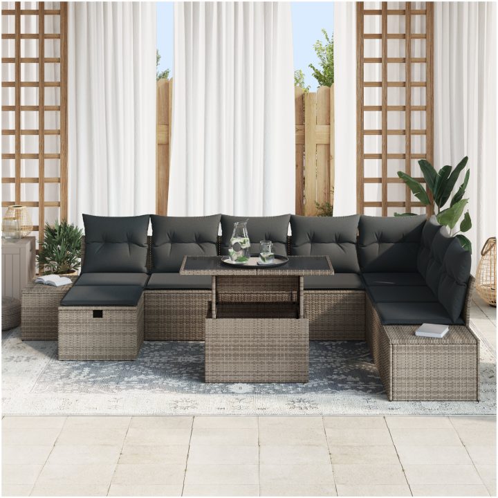 9-delars trädgårdsoff-set med kuddar i grå poly rattan vidaXL 100 x 55 x 73 cm – bild 3