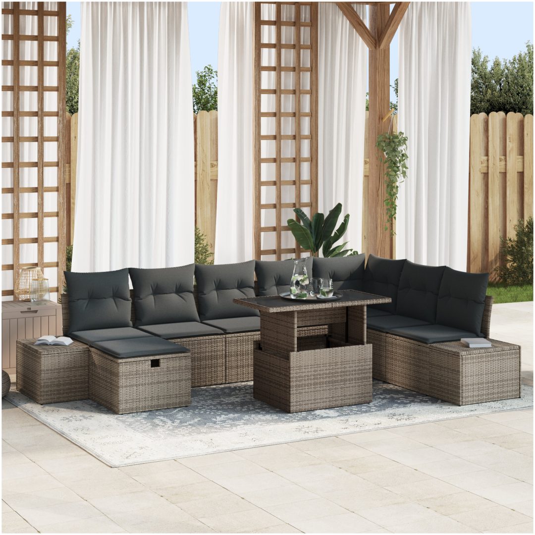 9-delars trädgårdsoff-set med kuddar i grå poly rattan vidaXL 100 x 55 x 73 cm