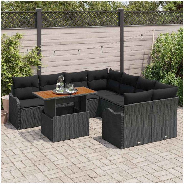 9-delars trädgårdsoff-set med kuddar i svart poly-rattan och akacia. vidaXL Stor – bild 3