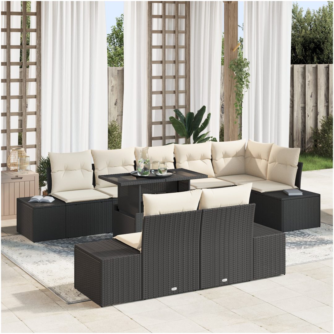 9-delars trädgårdsoff set med kuddar i svart poly rattan vidaXL 100 x 55 x 73 cm