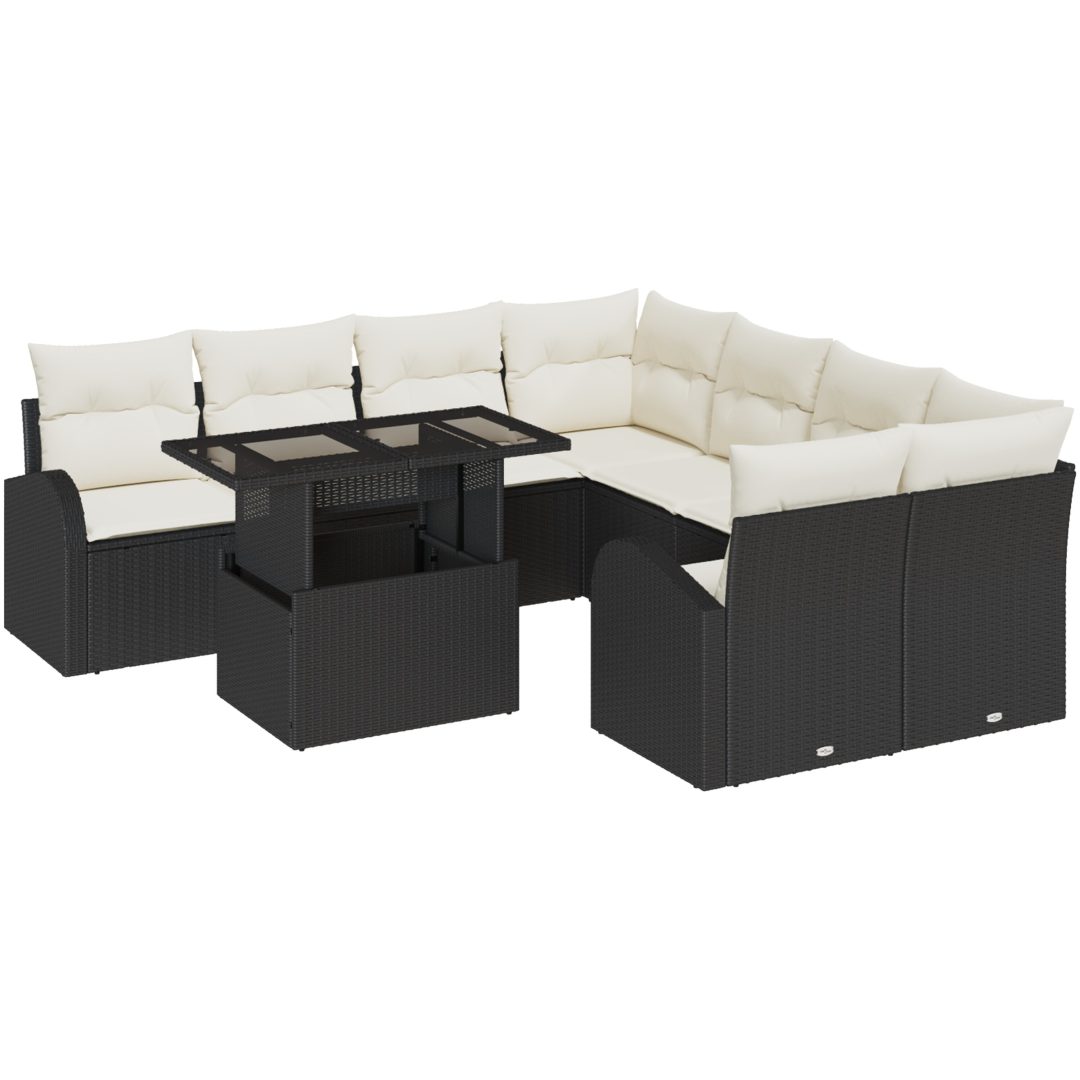 9 Delars Trädgårdsoff Set med Kuddar i Svart Poly Rattan vidaXL 100 x 55 x 73 cm – bild 2