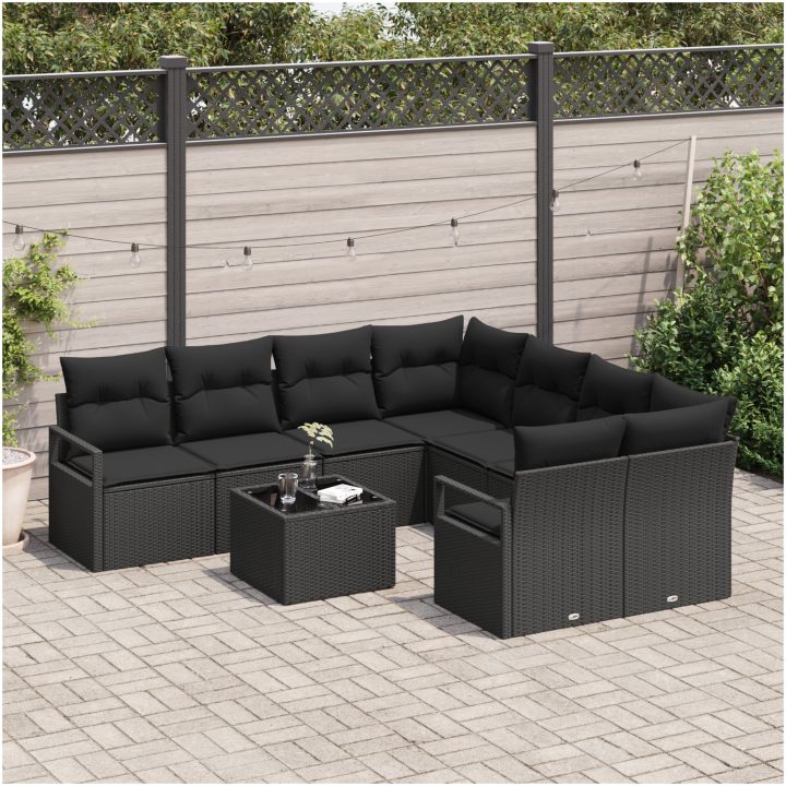 9-delars trädgårdsoff-set med kuddar i svart poly rattan vidaXL Stor – bild 3