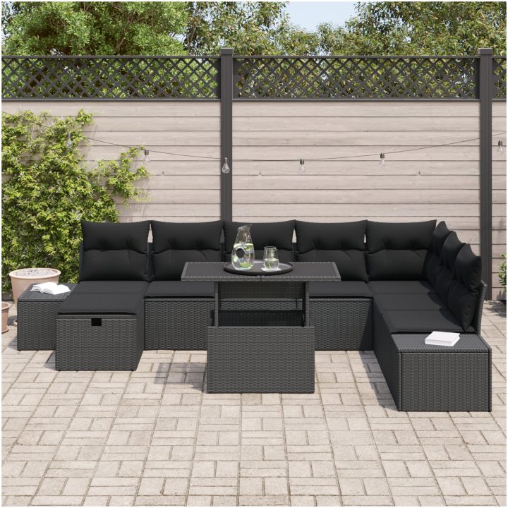 9-delars trädgårdsoff-set med kuddar i svart polyroting vidaXL 100 x 55 x 73 cm – bild 3