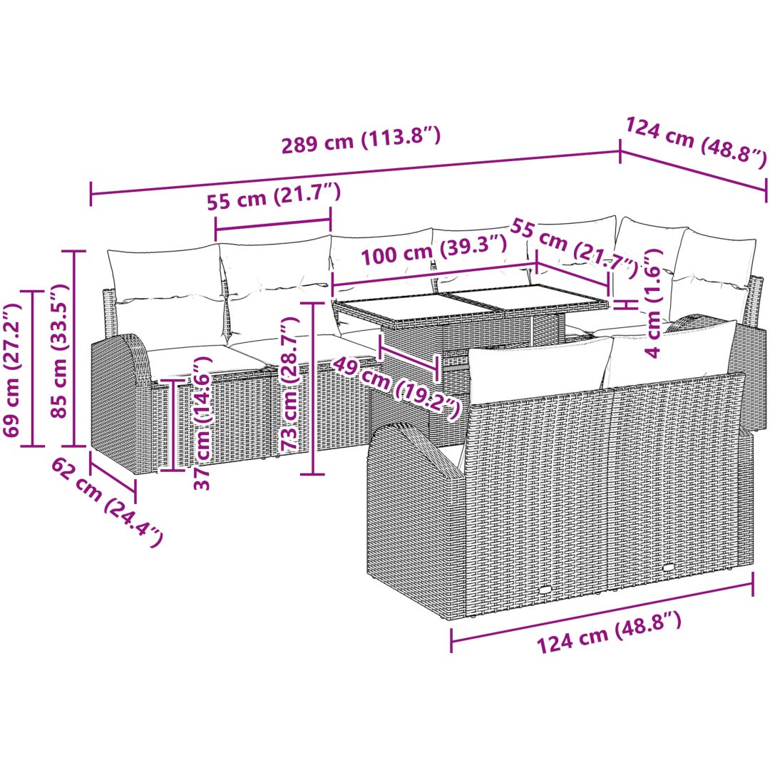 9-delars trädgårdsoff set med kuddar i svart polyrotting vidaXL 100 x 55 x 73 cm – bild 11