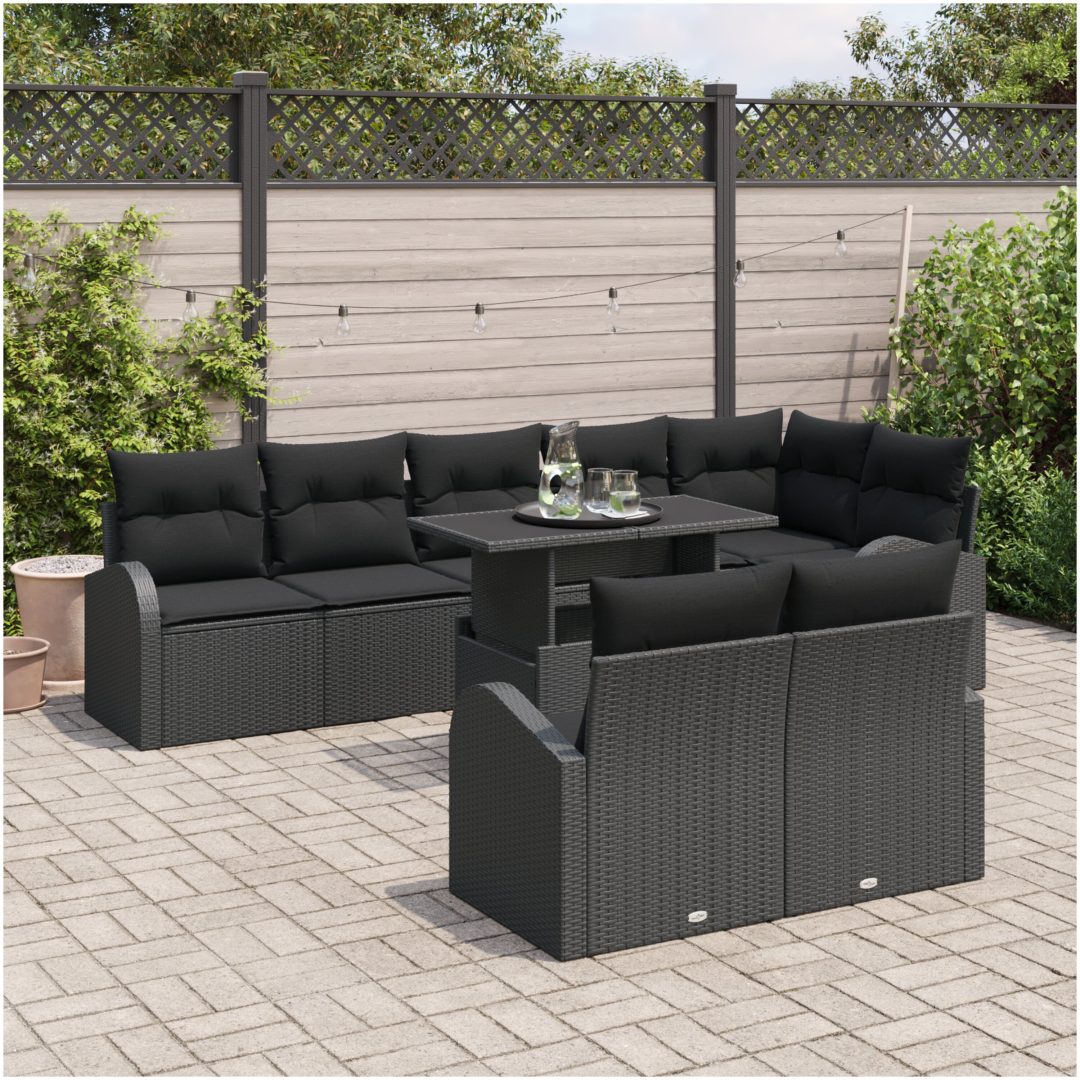9-delars trädgårdsoff set med kuddar i svart polyrotting vidaXL 100 x 55 x 73 cm – bild 3