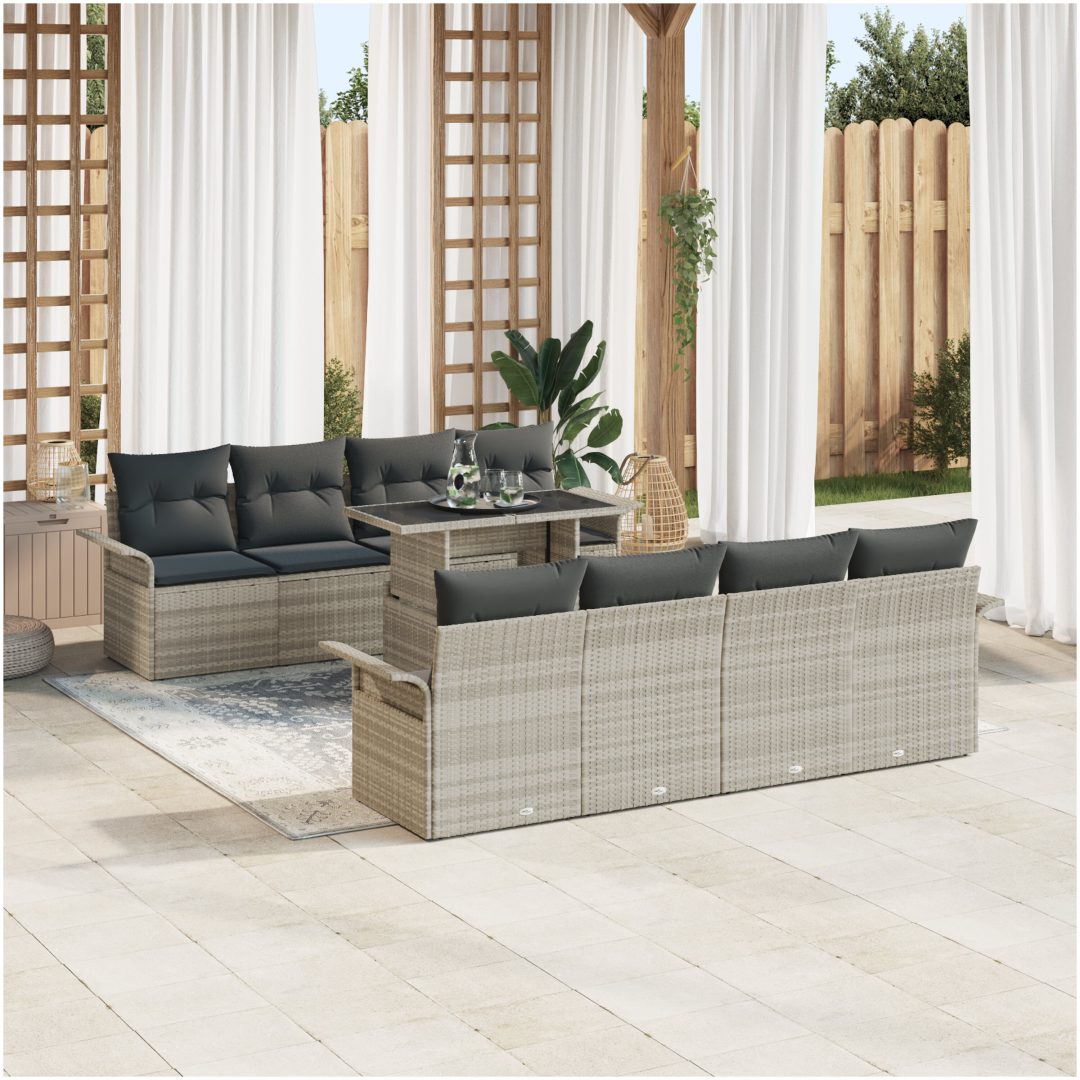 9 Delars Trädgårdsoff Set med Kuddar Ljusgrå Poly Rattan vidaXL 100 x 55 x 73 cm – bild 3