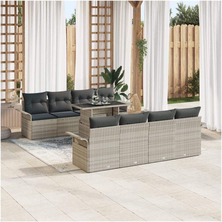 9 Delars Trädgårdsoff Set med Kuddar Ljusgrå Poly Rattan vidaXL 100 x 55 x 73 cm – bild 3