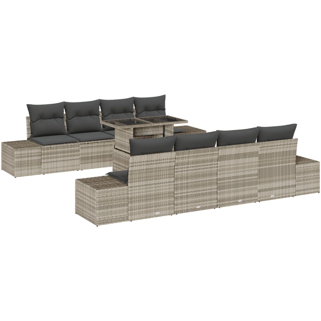 9-delars trädgårdsoff-set med kuddar, ljusgrå poly-rattan vidaXL 100 x 55 x 73 cm – bild 2