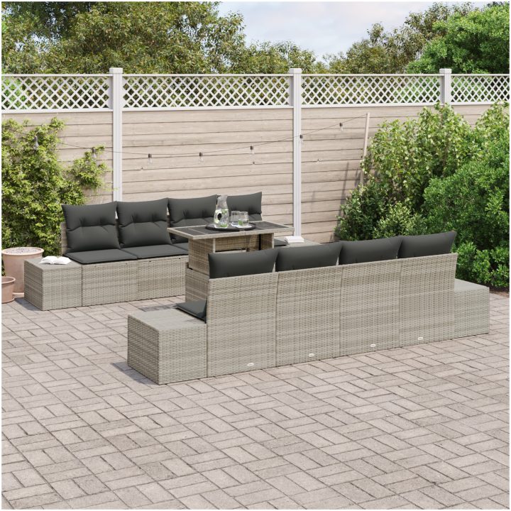 9-delars trädgårdsoff-set med kuddar, ljusgrå poly-rattan vidaXL 100 x 55 x 73 cm – bild 3