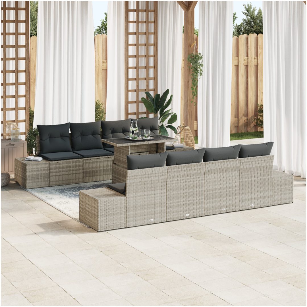 9-delars trädgårdsoff-set med kuddar, ljusgrå poly-rattan vidaXL 100 x 55 x 73 cm