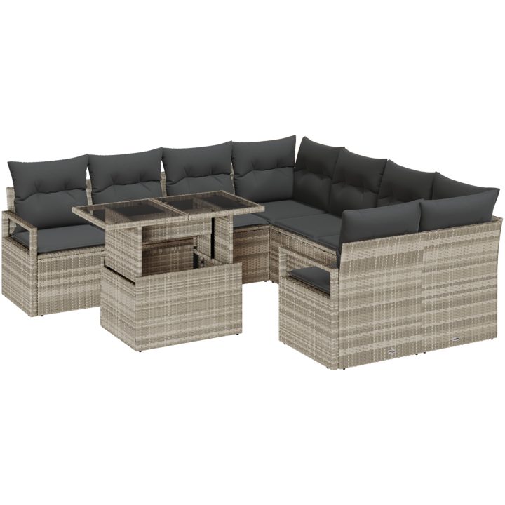 9 Delars Trädgårdsoff-set med Kuddar Ljusgrå Poly Rattan vidaXL Standard – bild 2