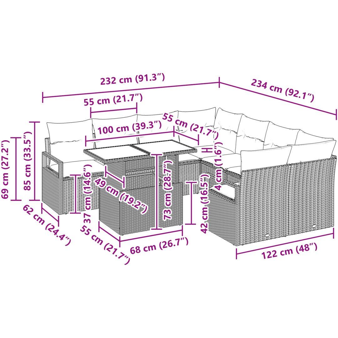 9 Delars Trädgårdsoff-set med Kuddar Ljusgrå Poly Rattan vidaXL Standard – bild 11