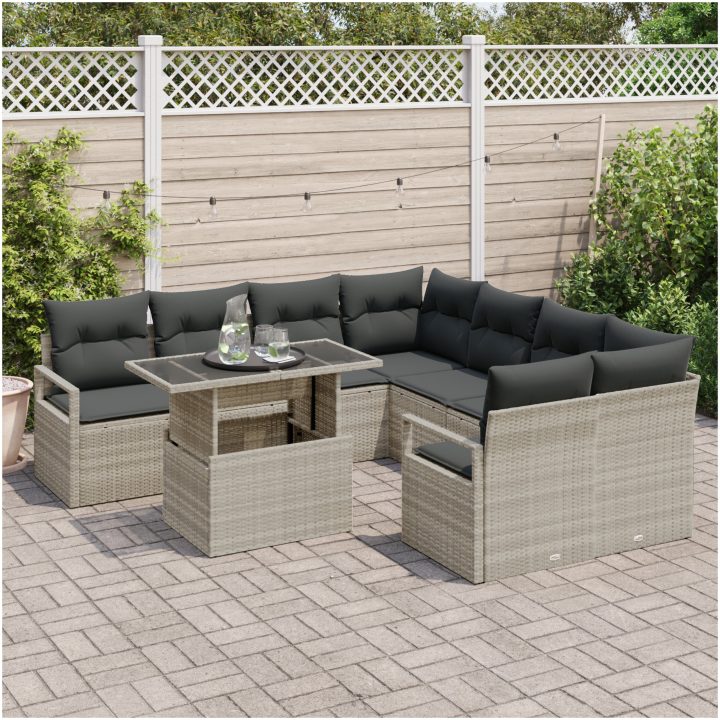 9 Delars Trädgårdsoff-set med Kuddar Ljusgrå Poly Rattan vidaXL Standard – bild 3