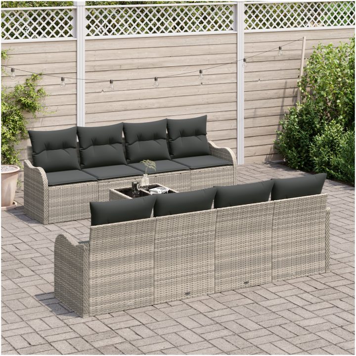 9-delars Trädgårdsoff Set med Kuddar Ljusgrå Poly Rattan vidaXL Stor – bild 3