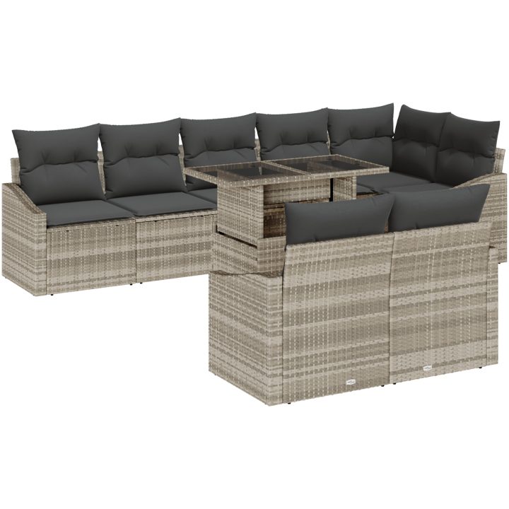 9-delars trädgårdsoff-set med kuddar ljusgrå polyrotting vidaXL 100 x 55 x 73 cm – bild 2