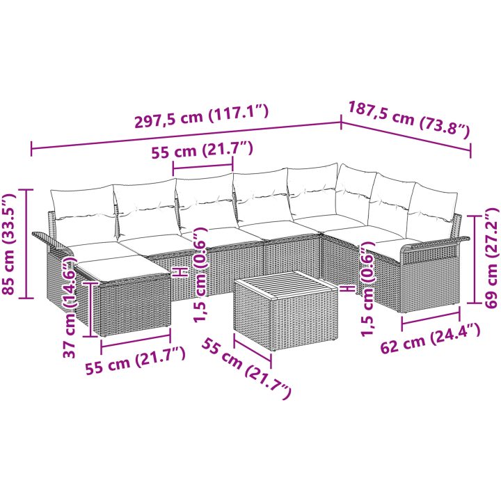 9-delars Trädgårdsoff Set med Kuddar Svart Poly Rattan Akacia vidaXL 55 x 55 x 37 cm – bild 11