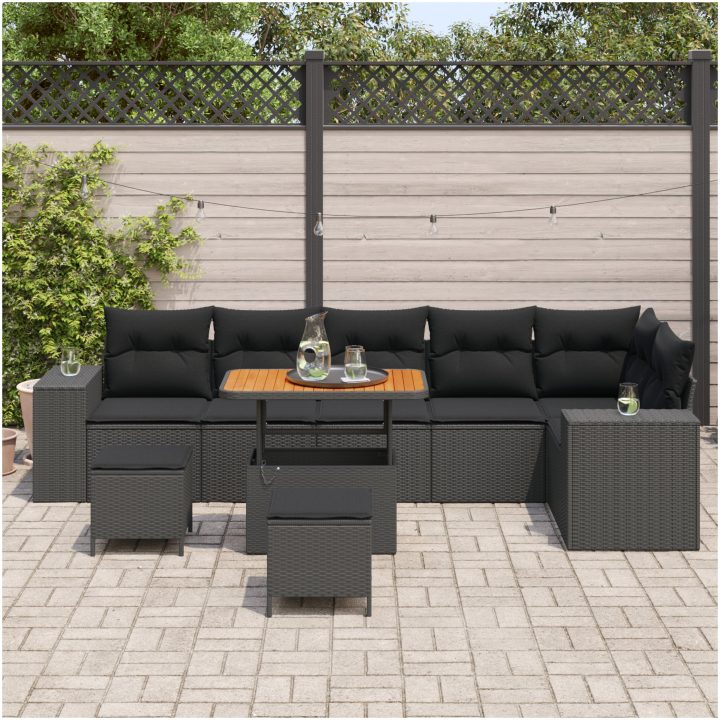 9-delars trädgårdsoff-set med kuddar svart poly rattan akacia vidaXL 6 - Sits – bild 3
