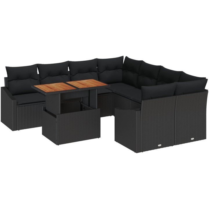9-delars trädgårdsoff-set med kuddar, svart poly-rattan vidaXL 100 x 55 x 73 cm – bild 2