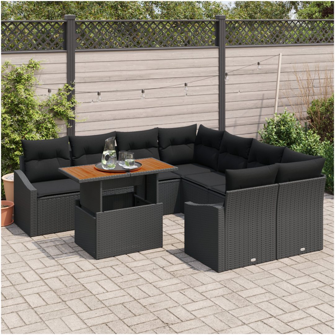 9-delars trädgårdsoff-set med kuddar, svart poly-rattan vidaXL 100 x 55 x 73 cm – bild 3