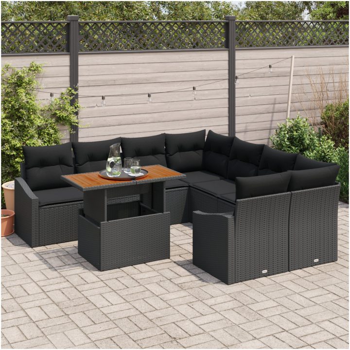 9-delars trädgårdsoff-set med kuddar, svart poly-rattan vidaXL 100 x 55 x 73 cm – bild 3